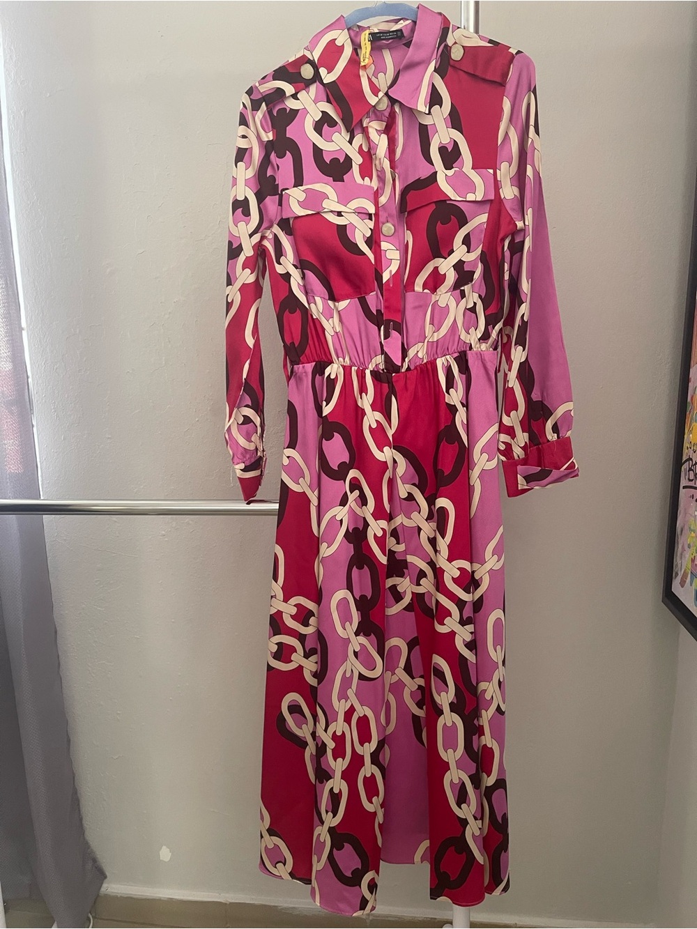 Zara Pink & Fuchsia Chain-Print Maxi Shirt Dress